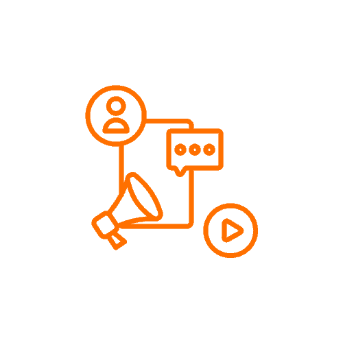 AI-driven content creation and social media management icon with user profile, chat bubble, megaphone, and play button